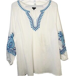 Talbots XL White Blue Embroidered Cotton Tunic Boho Peasant Top